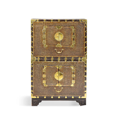 A MOTHER-OF-PEARL INLAID BLACK LACQUER TWO-TIERED WARDROBE CABINET Joseon Dynasty, 19th/20th century (3)
