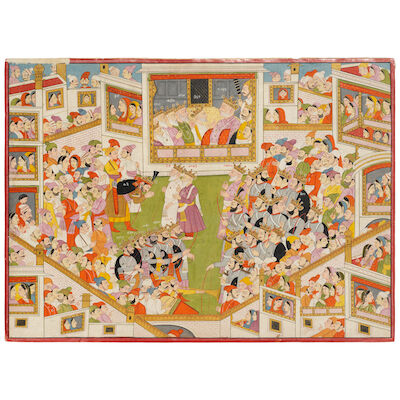 An illustration from a Mahabharata series, depicting the assembly of the Kauravas and Pandavas before the blind king Dhritarashtra School of Purkhu, Kangra, circa 1820-30