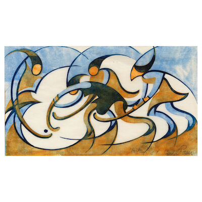 Cyril Edward Power (British, 1872-1951) Hockey Linocut printed in Chinese orange, permanent blue and dark blue, circa 1931, a very good impression on buff oriental laid tissue, signed, titled and inscribed 'E.P.' in pencil, a rare experimental proof aside from the edition of fifty, with margins, fra