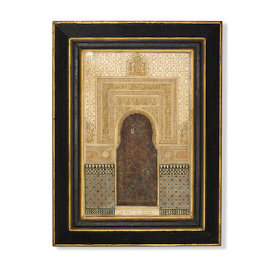 A rare painted gesso and alabaster Alhambra plaque by Diego Fernandez Castro (1847-1920) depicting the Alcazar of Seville Granada, Spain, early 20th Century