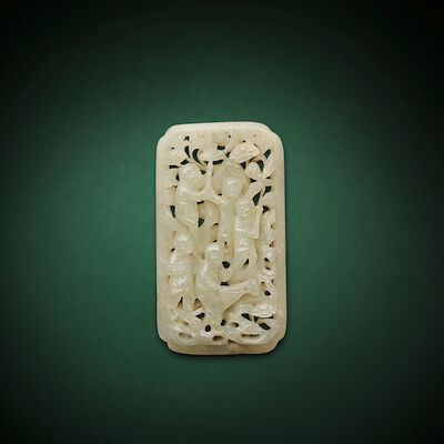 A PALE GREEN RETICULATED RECTANGULAR 'BOYS' PENDANT Ming Dynasty