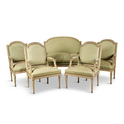 Mobilier de salon en bois relaqué crème attribué à Claude Chevigny d'époque Louis XVIA Louis XVI furniture suite of seating furniture in cream painted wood attributed to Claude Chevigny
