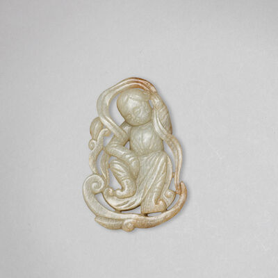 A PALE GREEN AND RUSSET JADE OPENWORK 'DANCER' PLAQUE Yuan/Ming Dynasty