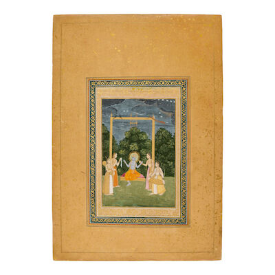 Hindol raga: Krishna in a swing, surrounded by four female attendants and musicians Oudh, circa 1760-70