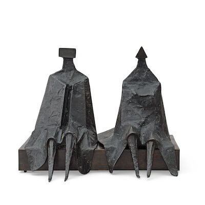 Lynn Chadwick C.B.E., R.A. (British, 1914-2003) Sitting Figures in Robes II 33 cm. (13 in.) wide (including the bronze base) (Conceived in 1980, and cast in 1990 by Pangolin Editions)