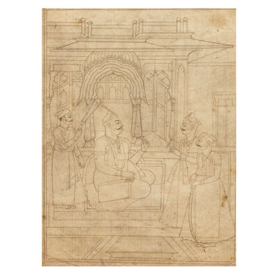 A charba (pinpricked drawing) depicting Nizam Sikandar Jah (reg. 1803-29) seated on a terrace receiving his Sikh prime minister Maharaja Chandu Lal (1766–1845) and his brother Raja Govind Bakhsh, governor of Berar Deccan, Hyderabad, circa 1810-15