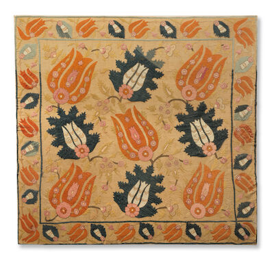 An Ottoman silk embroidered linen wrapping cloth (bohça) Turkey, 17th/ 18th Century