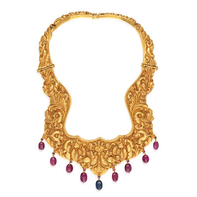 An impressive ruby-set repoussé gold necklace South India, 20th Century