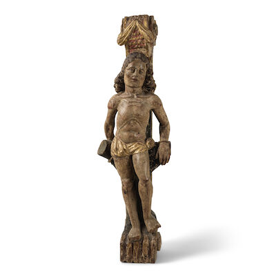Figure en bois peint polychrome et doré représentant Saint SébastienAllemagne du Sud ou Italie du Nord, fin du XVe-début du XVIe siècleA polychrome and giltwood wood figure of Saint SebastianSouth German or North Italian, late 15th-early 16th century