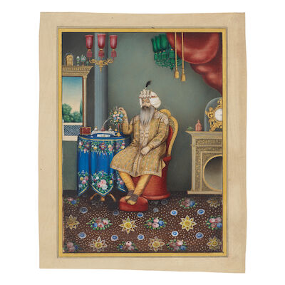 HH Raja-i-Rajgan Sir Raghubir Singh, GCSI, CIE, the ruler of Jind (reg. 1864–1887), seated in a western-style interior Punjab, Jind, circa 1882-83