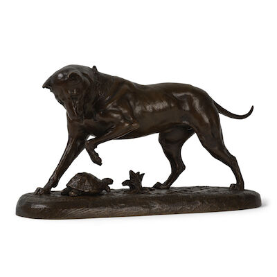 Joseph Victor Chemin (1823-1901) Groupe en bronze représentant Bull terrier et une tortueJoseph Victor Chemin (1823-1901) A bronze group depicting Bull terrier et une tortue