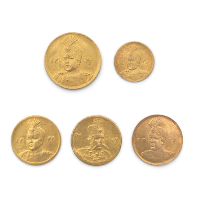 A group of five Qajar gold coins from the reigns of Mozaffar ad-Din Shah Qajar (reg. 1896-1907) and Ahmad Shah Qajar (reg. 1909-1925) Persia, dated AH 1319/ AD 1901-2 - AH 1342/ AD 1923-4(5)