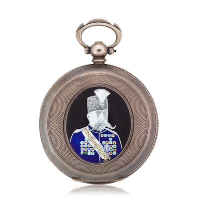 An enamelled silver pocket watch depicting depicting Muzzafar al-Din Shah Qajar (reg. 1896-1907) by Gustave Jacot Le Locle, Switzerland, circa 1900