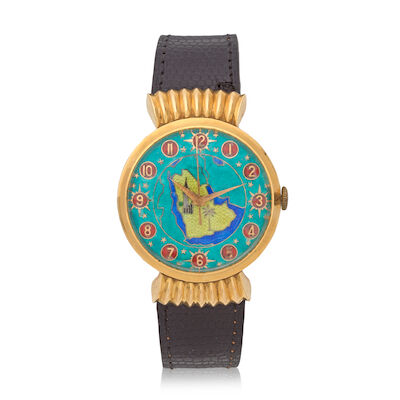 An enamelled gold wristwatch depicting the Arabian Peninsula and Mecca by Printania Switzerland, circa 1950