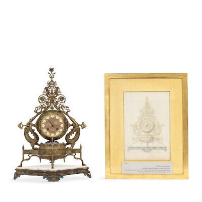 A gilt-brass mantle clock designed by Adolphe-Victor Geoffroy-Dechaume accompanied by an original design drawing France, second half of the 19th Century (2)