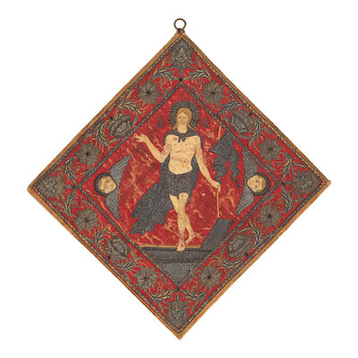 A silk and metal-thread embroidered epigonation (palitsa) depicting the Resurrection of Christ Ottoman Balkans, 18th Century