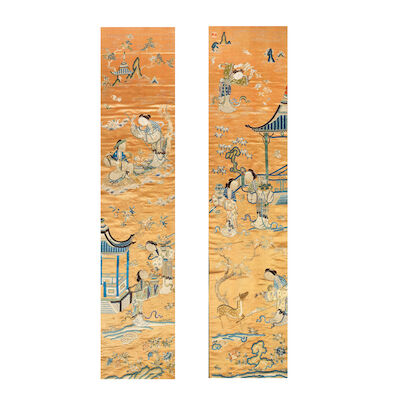 A PAIR OF FINE APRICOT-GROUND SILK EMBROIDERED 'LADIES' PANELS 19th century (2)