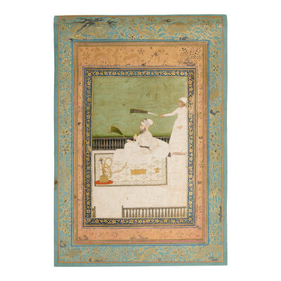 A Mughal nobleman, perhaps Nawab Najib ud-Daula (circa 1707–1770) seated on a terrace smoking a hookah, and attendant with a flywhisk standing behind him Delhi, circa 1760
