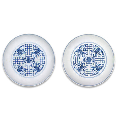 A PAIR OF RARE IMPERIAL BLUE AND WHITE 'PEACHES' DISHES Yongzheng six-character marks and of the period (2)