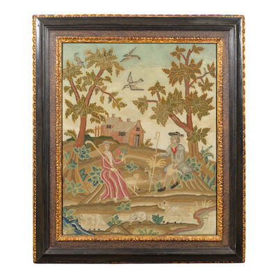 A large George III needlework picture depicting a shepherd and shepherdess with their flock Third-quarter 18th century