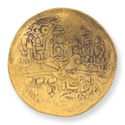 A large gold temple offering or token depicting Hanuman making obeisance to Rama (ramtanka) India, possibly 16th/ 17th Century