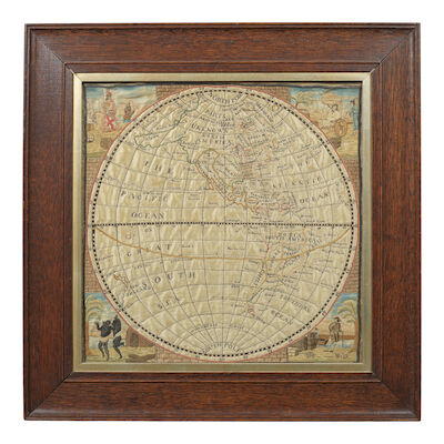 A large Victorian needlework of the world together with two other world needleworks 19th century (3)