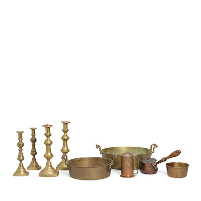 A collection of metalware, including a pair of Victorian brass candlesticks engraved with the call for Irish Home Rule 19th century (9)