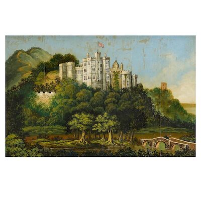 English Naive School, 19th Century Castle in Gloucestershire flying the Union Jack