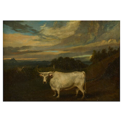 Naïve School, 19th century The Wild Ox of Chillingham with Castle and the Eildons in the distance
