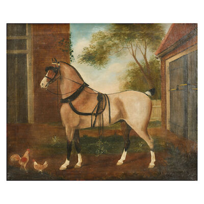 Naïve School, 19th century Horse and hens outside a stable