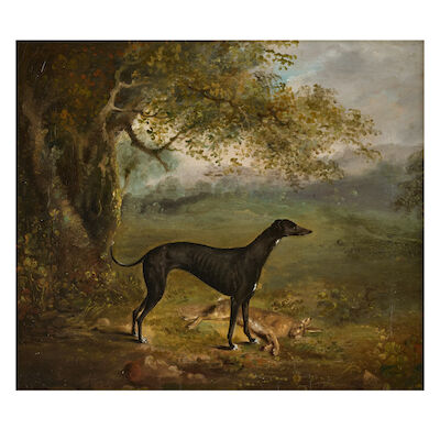 British School, 19th century A black whippet in a landscape with a hare