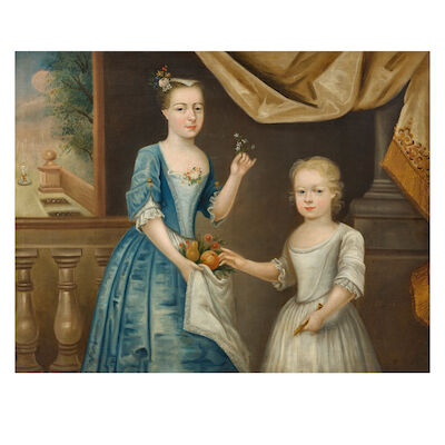 English School, 18th Century Portrait of sisters, aged 3 and 8, the younger holding a pennywhistle, the elder holding fruit in her apron
