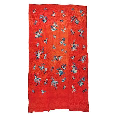 A Chinese red-ground embroidered damask wall hanging Late 19th century