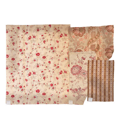 Two fragmentary panels of printed linen, together with a panel of checked printed cotton and another of printed chintz French, 18th century and later ((4))