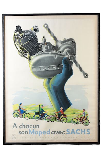 A Sachs moped engine advertising poster, after Pfeil, French dated 1955, (4)