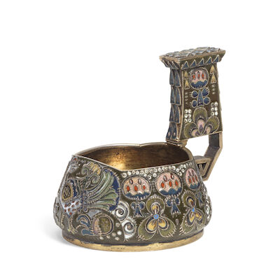 A small Fabergé silver and cloisonné enamel kovshFabergé, with Imperial Warrant, probably by workmaster Feodor Rückert Moscow, 1908-1917