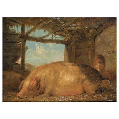 Circle of George Morland (British, 1763-1804) Pig in its pen