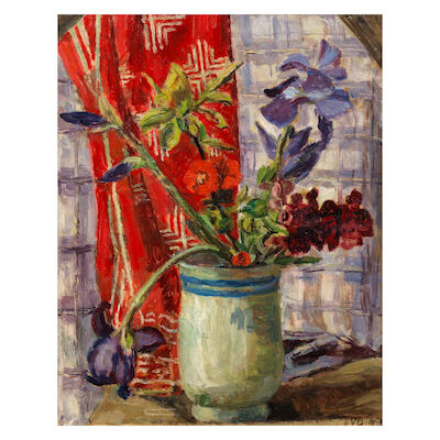 Vanessa Bell (British, 1879-1961) Irises with Red Curtain 45.8 x 36.2 cm. (18 x 14 1/4 in.)