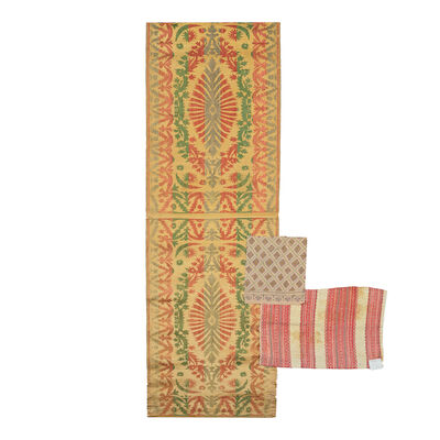 A length of two cut and uncut velvet cushion panels, together with two further fragments The first Turkish, circa 1900 ((3))