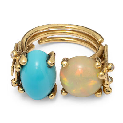 Charlotte Lynggaard: A "Boho" ring set with a cabochon turquoise, opal and diamonds, mounted in 18k gold. Size 53.