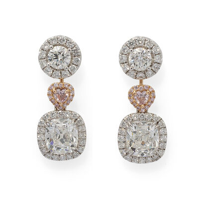 Ruben Svart: A pair of diamond ear studs and pendants set with partly pink diamonds, mounted in platinum and 18k gold. (4)