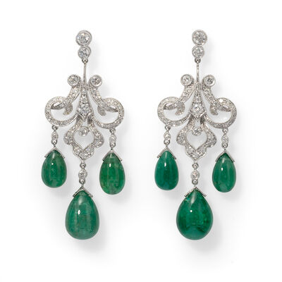 A pair of emerald and diamond ear pendants set with emeralds and diamonds, mounted in 18k white gold. (2)
