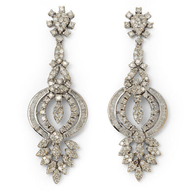 A pair of diamond ear pendants each set with numerous diamonds, mounted in 18k white gold. L. 6.2 cm. (2)