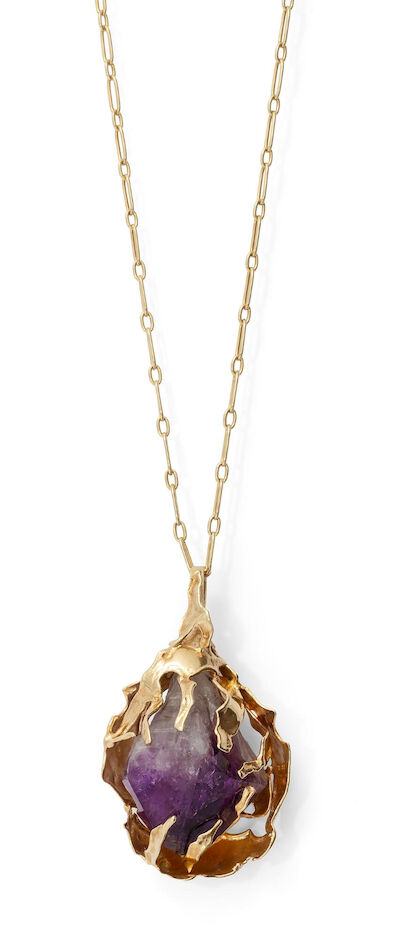 John Rørvig: An amethyst pendant of 14k gold. Accompanied by a necklace of 14k gold. L. 69 cm. (2)