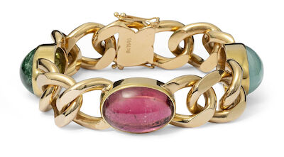 Bræmer-Jensen: A bracelet set with a cabochon aquamarine and tourmalines, mounted in 14k gold. L. 19.7 cm.