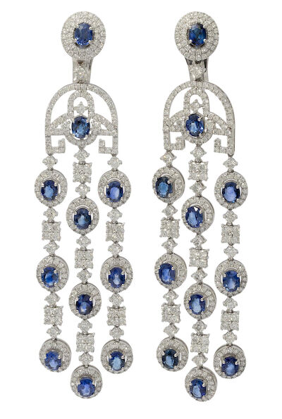 A pair of sapphire and diamond ear pendants of 18k white gold. L. 8.5 cm. (2)