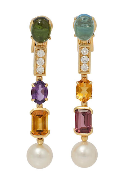 Bulgari: A pair of "Allegra" ear pendants of 18k gold set with tourmaline, amethyst, citrine and diamonds. L. 4.8 cm. (2)