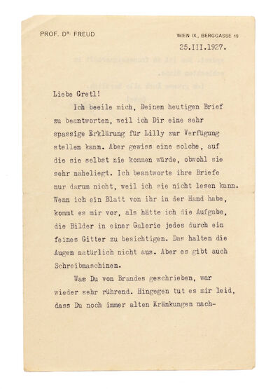 Letter written by Sigmund Freud, dated March 25, 1927 (typewritten), addressed to Gretl. It has remained in the Freud family's possession until today.
