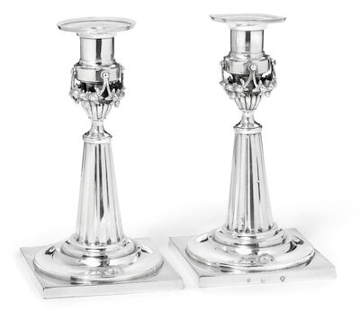 Austrian silversmith, early-19th century: A pair of Louis XVI silver candlesticks. Vienna. Weight 400 g. H. 16.5 cm. (2)