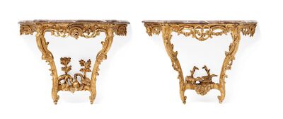 A pair of nearly identical Louis XV consoles with scenes from Aesop's Fables. Mid-18th century. H. 83 cm. W. 116 cm. D. 52 cm. (2)